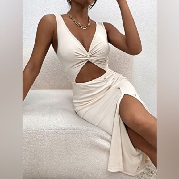 Sexy Bodycon Dress Women’s Medium Off White Cream Maxi Side Slit Buttons Summer - Picture 1 of 13